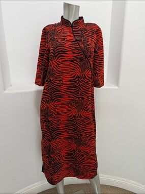 VTG  Fior Nicole Red Black Zebra Print Midi Dress Elbow Sleeve Mandarin Colla